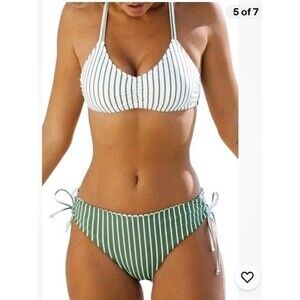 CUPSHE Women's Bikini Set Green White Reversible Bottom Braided Straps NWT Small